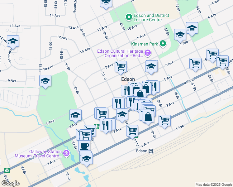 map of restaurants, bars, coffee shops, grocery stores, and more near 5102 6 Avenue in Edson