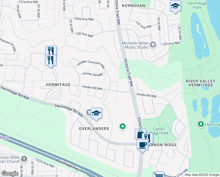 map of restaurants, bars, coffee shops, grocery stores, and more near 8 Hooper Crescent Northwest in Edmonton