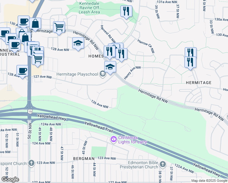 map of restaurants, bars, coffee shops, grocery stores, and more near 4331 126B Avenue Northwest in Edmonton