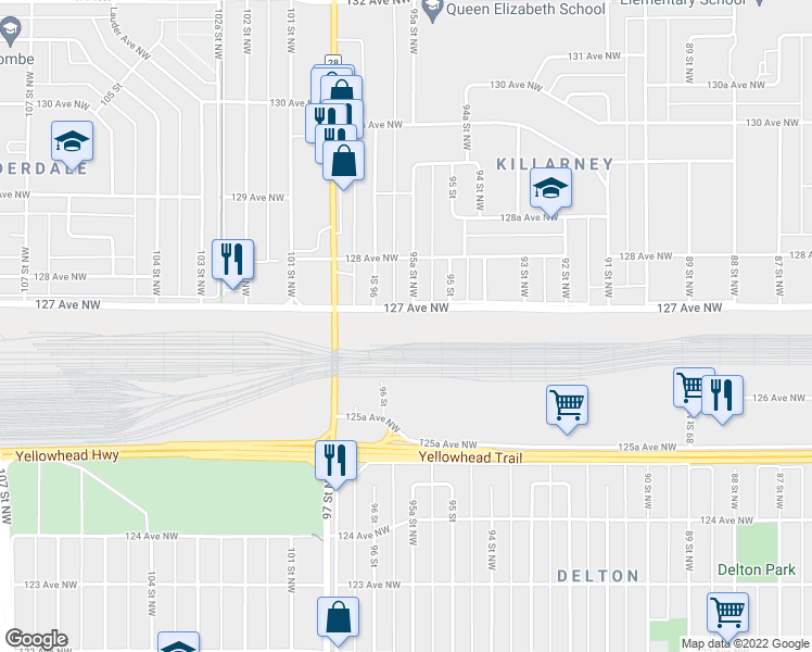 map of restaurants, bars, coffee shops, grocery stores, and more near 9525 127 Avenue Northwest in Edmonton