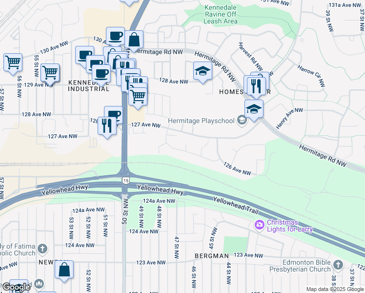map of restaurants, bars, coffee shops, grocery stores, and more near 4668 126 Avenue Northwest in Edmonton