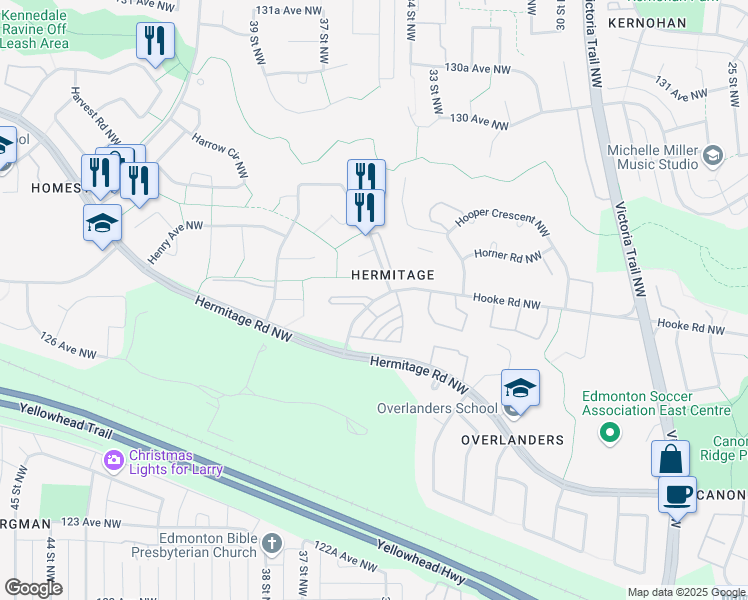 map of restaurants, bars, coffee shops, grocery stores, and more near 1154 Hooke Road Northwest in Edmonton