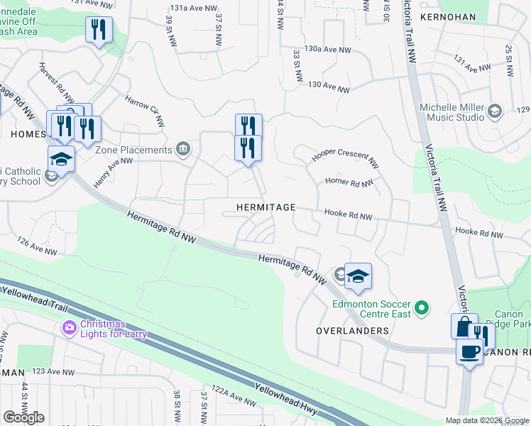 map of restaurants, bars, coffee shops, grocery stores, and more near 1225 Hooke Road Northwest in Edmonton