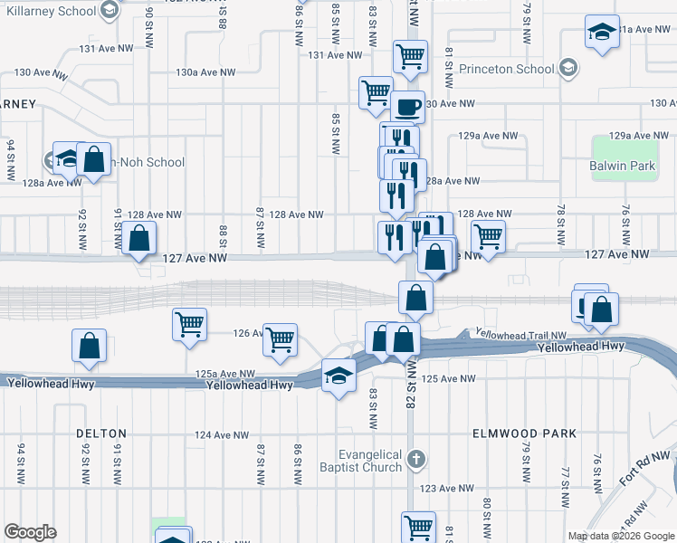 map of restaurants, bars, coffee shops, grocery stores, and more near 8403 127 Avenue Northwest in Edmonton