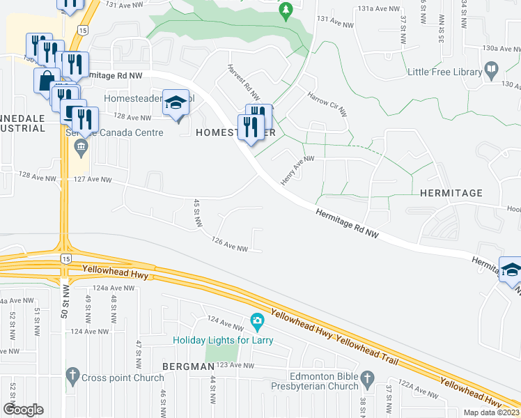 map of restaurants, bars, coffee shops, grocery stores, and more near 4331 126B Avenue Northwest in Edmonton