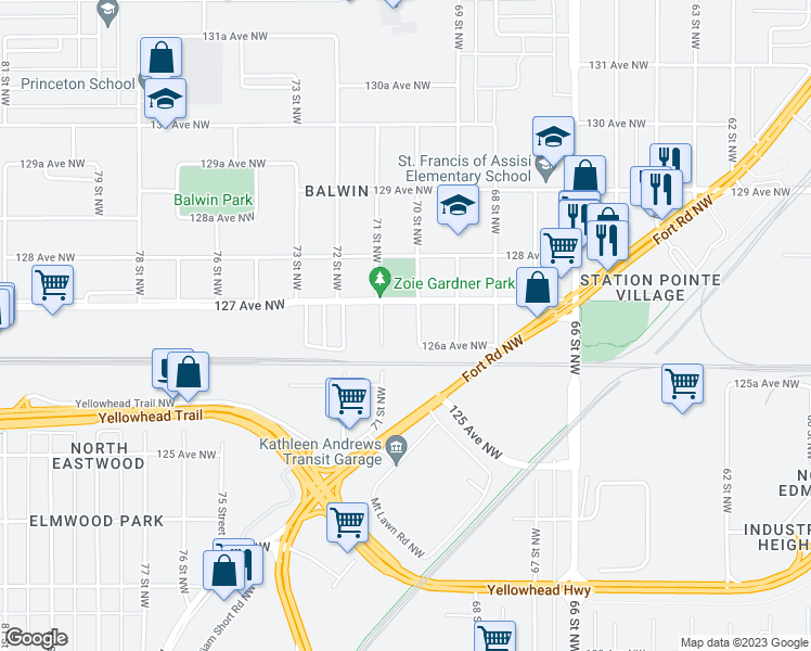 map of restaurants, bars, coffee shops, grocery stores, and more near 12636 70 Street Northwest in Edmonton