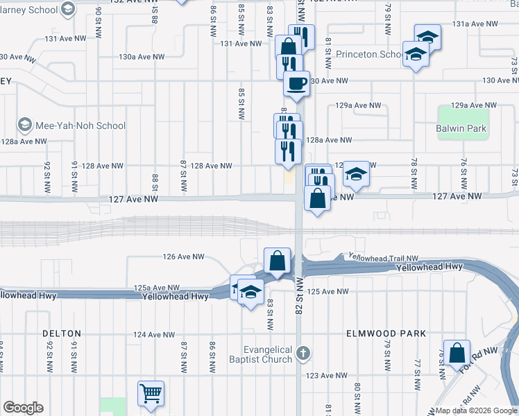 map of restaurants, bars, coffee shops, grocery stores, and more near 8403 127 Avenue Northwest in Edmonton