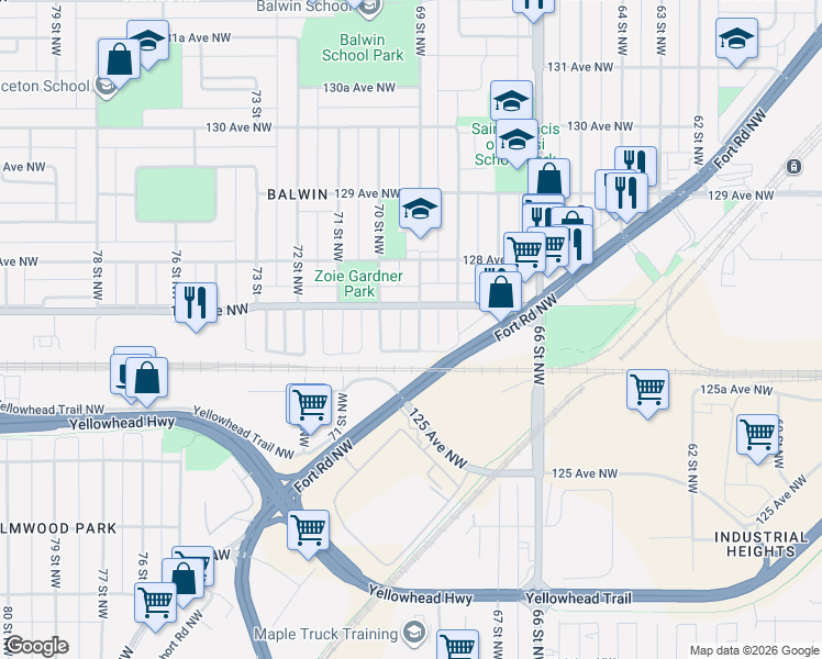 map of restaurants, bars, coffee shops, grocery stores, and more near 12614 69 Street Northwest in Edmonton