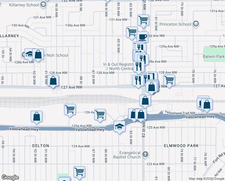 map of restaurants, bars, coffee shops, grocery stores, and more near 8503 127 Avenue Northwest in Edmonton