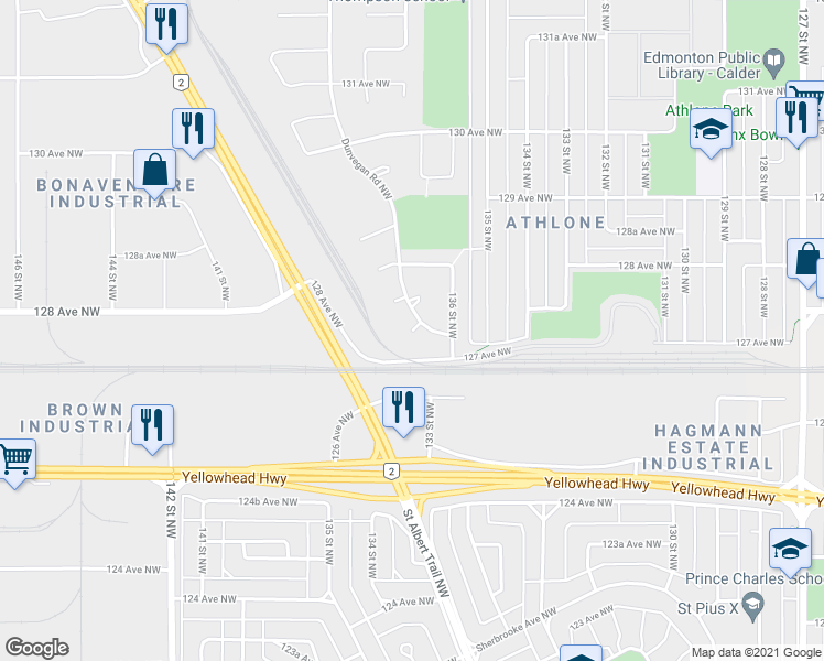map of restaurants, bars, coffee shops, grocery stores, and more near 272 Dunvegan Road Northwest in Edmonton
