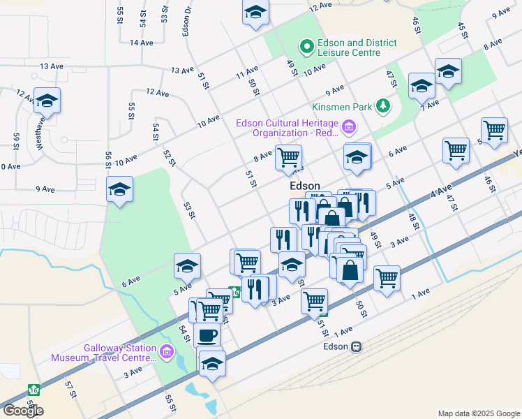 map of restaurants, bars, coffee shops, grocery stores, and more near 5102 6 Avenue in Edson