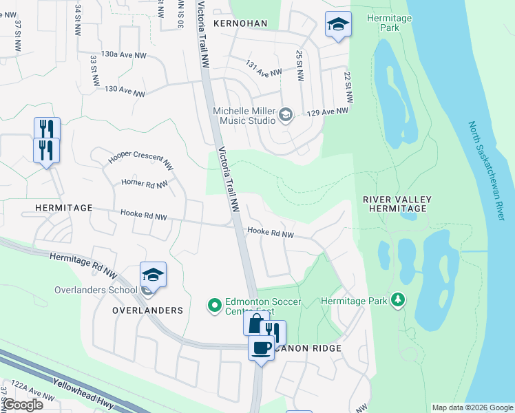 map of restaurants, bars, coffee shops, grocery stores, and more near 570 Hooke Road Northwest in Edmonton