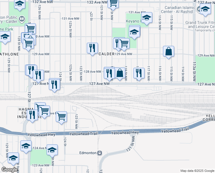 map of restaurants, bars, coffee shops, grocery stores, and more near 11869 127 Avenue Northwest in Edmonton