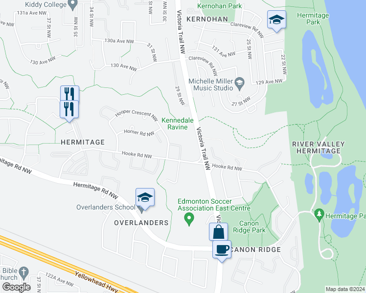 map of restaurants, bars, coffee shops, grocery stores, and more near 4 Hooper Crescent Northwest in Edmonton