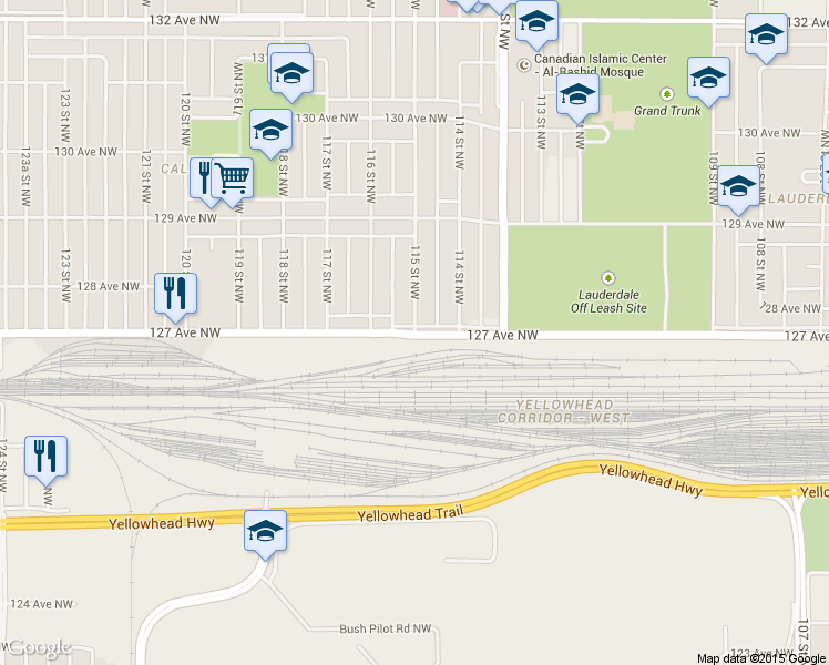map of restaurants, bars, coffee shops, grocery stores, and more near 11408 127 Avenue Northwest in Edmonton