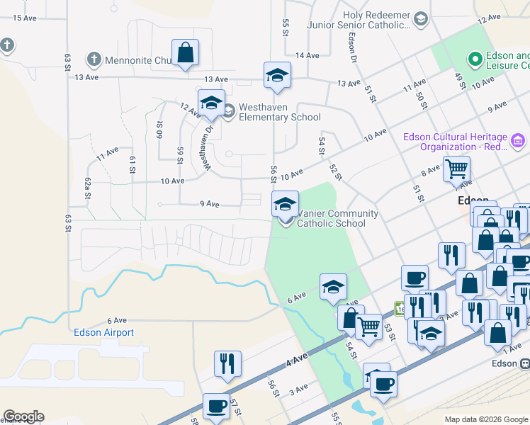 map of restaurants, bars, coffee shops, grocery stores, and more near 5611 9 Avenue in Edson