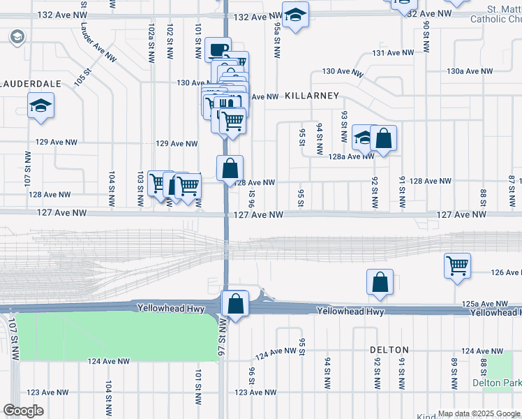 map of restaurants, bars, coffee shops, grocery stores, and more near 9525 127 Avenue Northwest in Edmonton