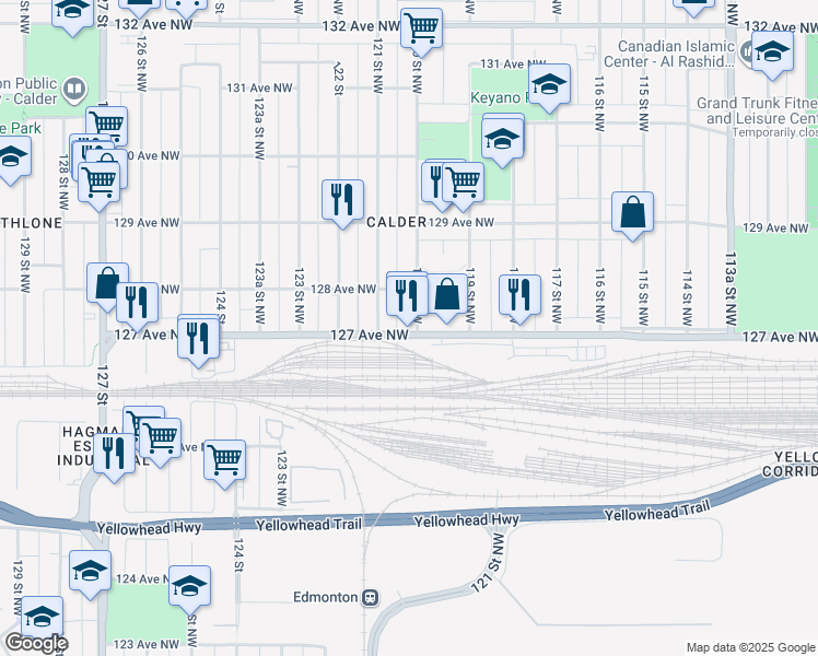 map of restaurants, bars, coffee shops, grocery stores, and more near 11869 127 Avenue Northwest in Edmonton