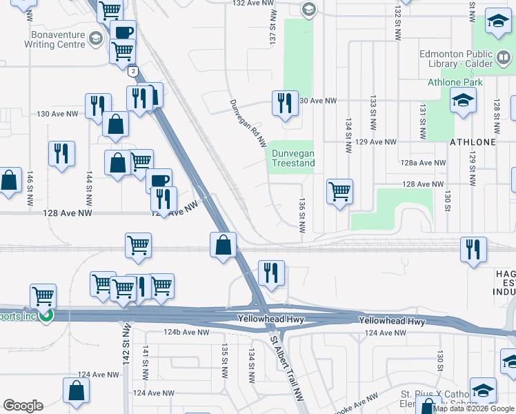 map of restaurants, bars, coffee shops, grocery stores, and more near 272 Dunvegan Road Northwest in Edmonton
