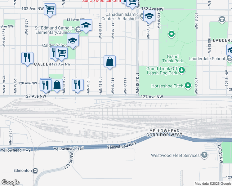 map of restaurants, bars, coffee shops, grocery stores, and more near 11408 127 Avenue Northwest in Edmonton