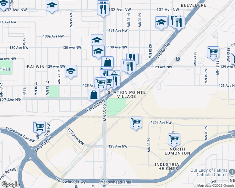 map of restaurants, bars, coffee shops, grocery stores, and more near 12815 Fort Road Northwest in Edmonton