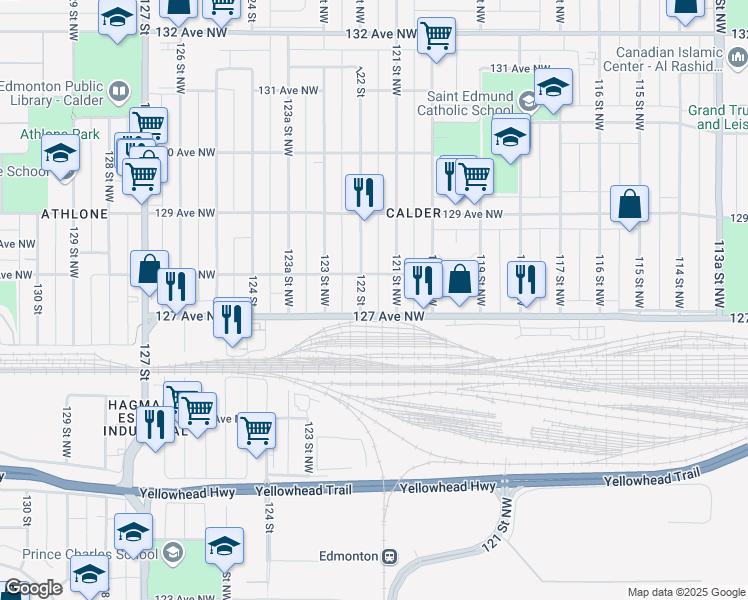 map of restaurants, bars, coffee shops, grocery stores, and more near 12727 122 Street in Edmonton