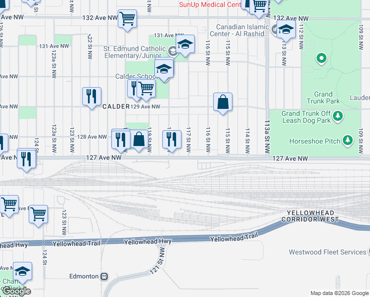 map of restaurants, bars, coffee shops, grocery stores, and more near 12733 117 Street Northwest in Edmonton