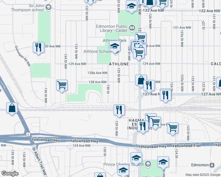 map of restaurants, bars, coffee shops, grocery stores, and more near 12731 130 Street Northwest in Edmonton