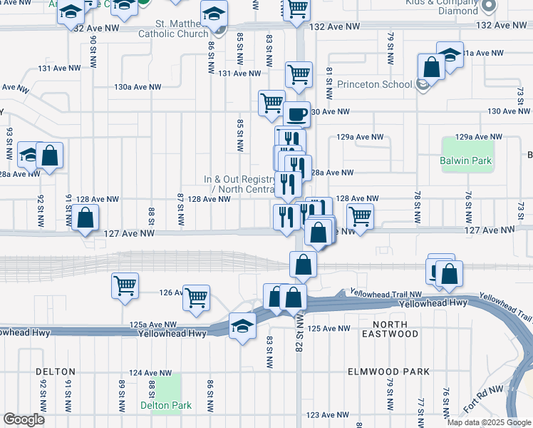 map of restaurants, bars, coffee shops, grocery stores, and more near 12737 83 Street Northwest in Edmonton
