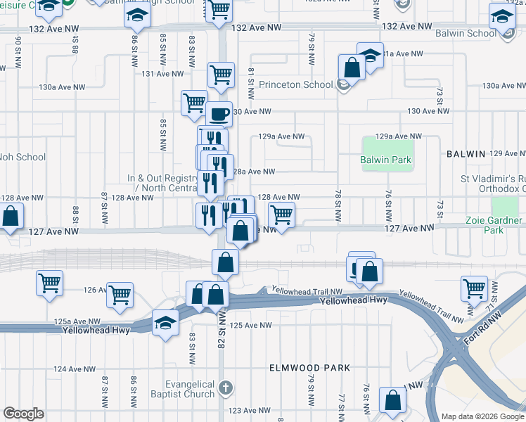 map of restaurants, bars, coffee shops, grocery stores, and more near 12715 81 Street Northwest in Edmonton