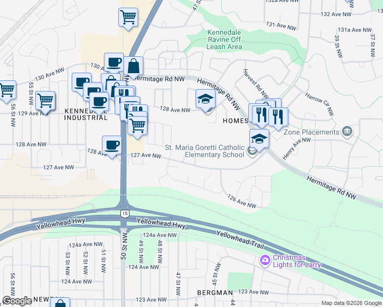 map of restaurants, bars, coffee shops, grocery stores, and more near 4626 127 Avenue Northwest in Edmonton