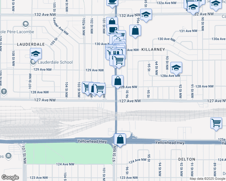 map of restaurants, bars, coffee shops, grocery stores, and more near 9705 128 Avenue Northwest in Edmonton