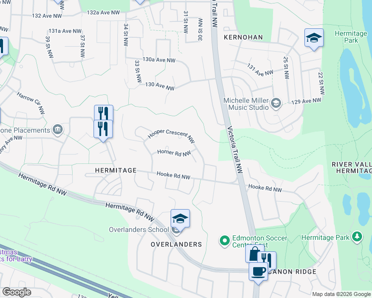 map of restaurants, bars, coffee shops, grocery stores, and more near 400 Horner Road Northwest in Edmonton
