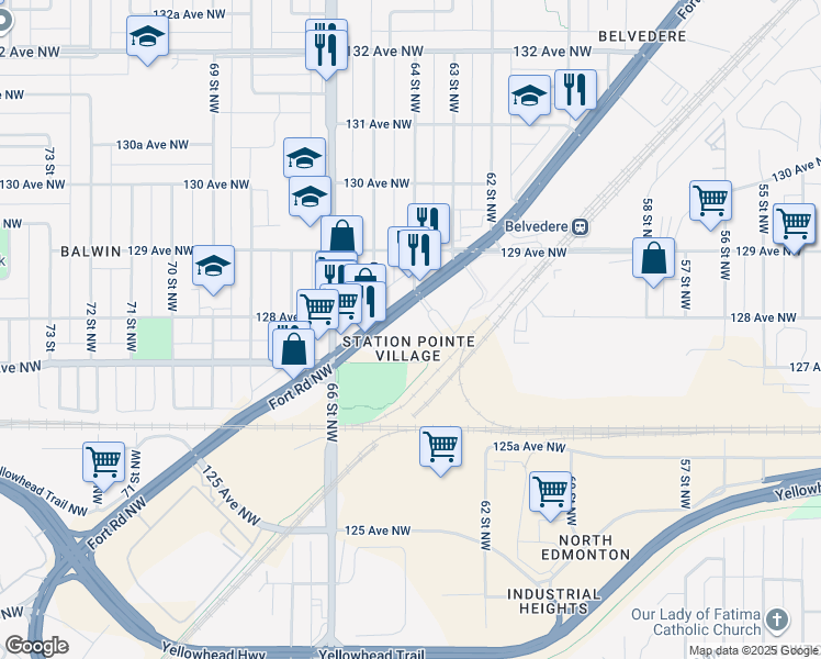 map of restaurants, bars, coffee shops, grocery stores, and more near 12815 Fort Road Northwest in Edmonton
