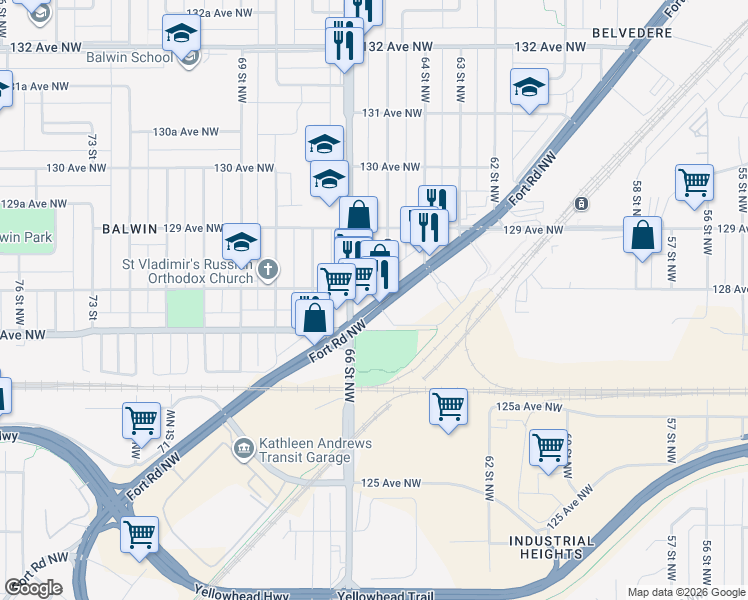 map of restaurants, bars, coffee shops, grocery stores, and more near 12746 Fort Road Northwest in Edmonton