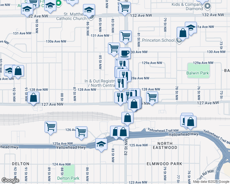 map of restaurants, bars, coffee shops, grocery stores, and more near 12737 83 Street Northwest in Edmonton