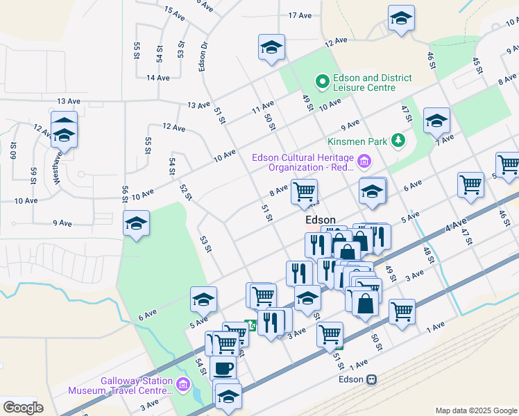 map of restaurants, bars, coffee shops, grocery stores, and more near 5101 A 8 Avenue in Edson