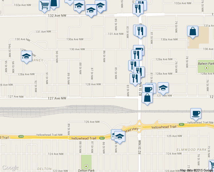 map of restaurants, bars, coffee shops, grocery stores, and more near 8509 128 Avenue Northwest in Edmonton