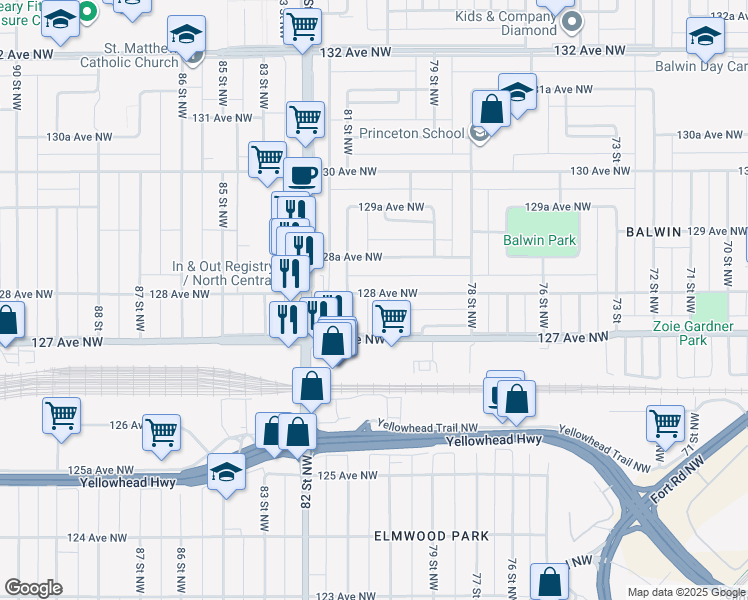 map of restaurants, bars, coffee shops, grocery stores, and more near 12724 80 Street Northwest in Edmonton