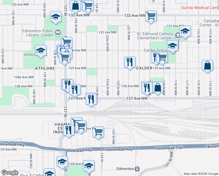 map of restaurants, bars, coffee shops, grocery stores, and more near 12317 128 Avenue Northwest in Edmonton