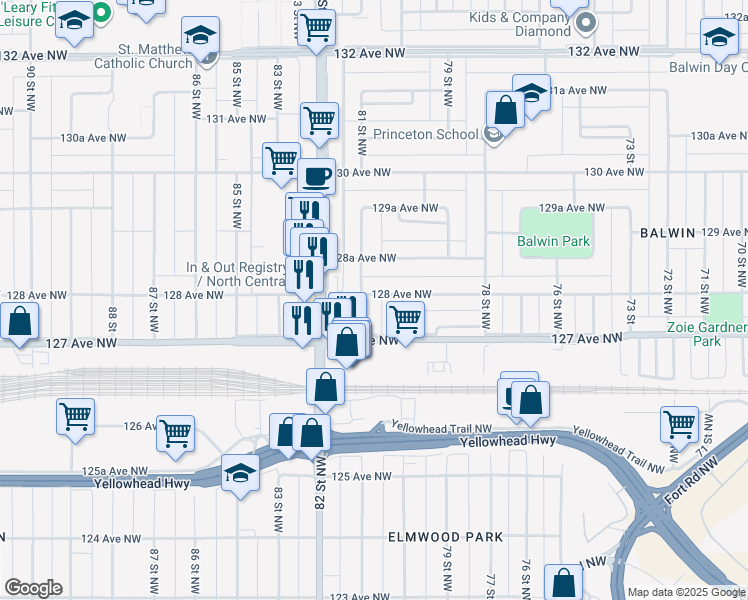 map of restaurants, bars, coffee shops, grocery stores, and more near 12724 80 Street Northwest in Edmonton