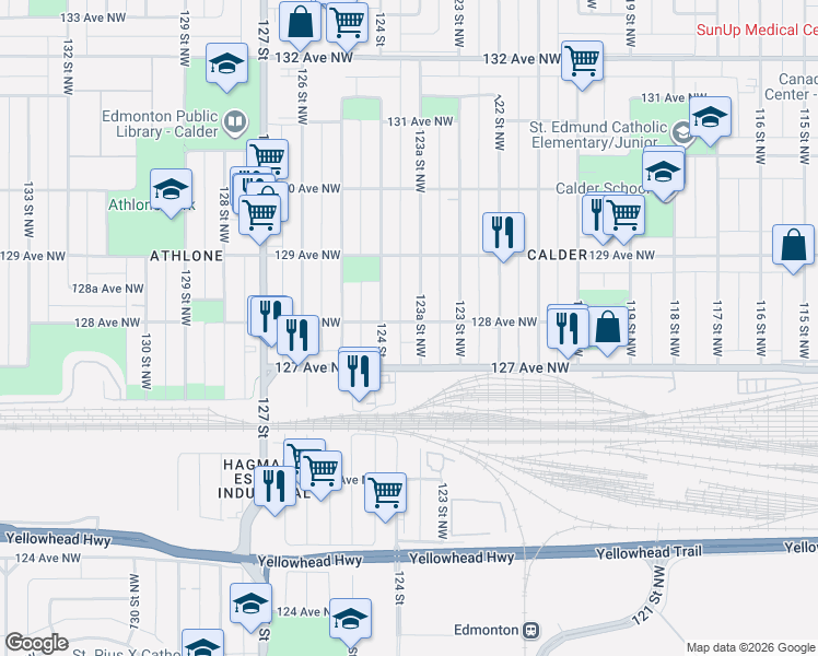 map of restaurants, bars, coffee shops, grocery stores, and more near 12317 128 Avenue Northwest in Edmonton
