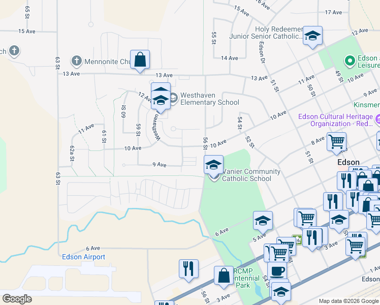 map of restaurants, bars, coffee shops, grocery stores, and more near 5611 10 Avenue in Edson