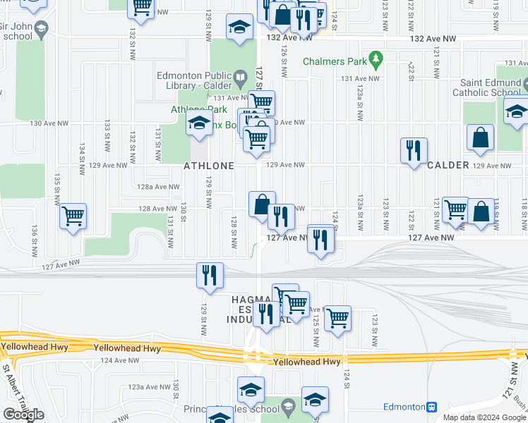 map of restaurants, bars, coffee shops, grocery stores, and more near 12613 128 Avenue Northwest in Edmonton