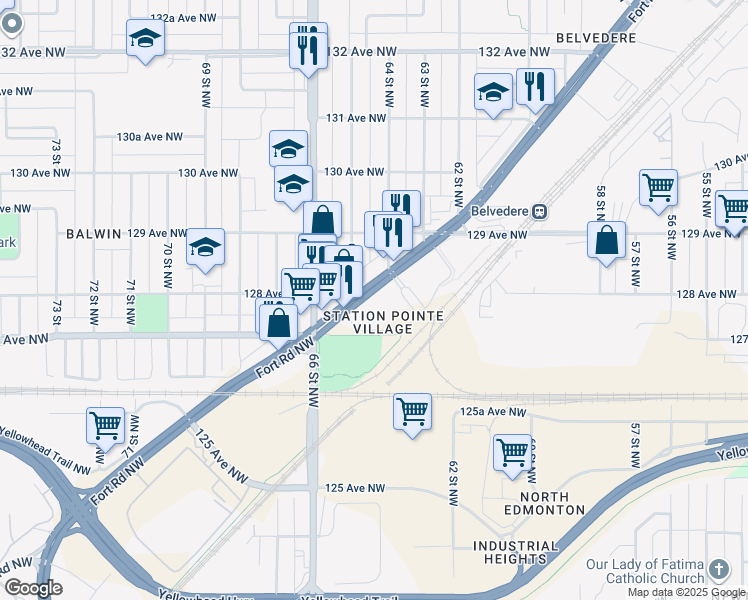 map of restaurants, bars, coffee shops, grocery stores, and more near 12815 Fort Road Northwest in Edmonton