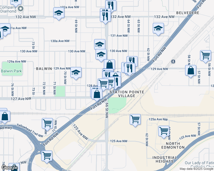 map of restaurants, bars, coffee shops, grocery stores, and more near 66 Street Northwest & 128 Avenue Northwest in Edmonton