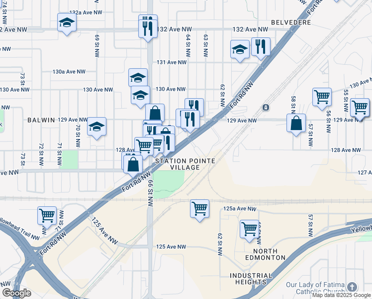 map of restaurants, bars, coffee shops, grocery stores, and more near 12815 Fort Road Northwest in Edmonton