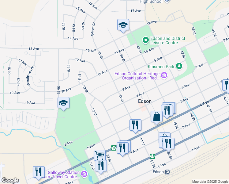 map of restaurants, bars, coffee shops, grocery stores, and more near 5101 A 8 Avenue in Edson