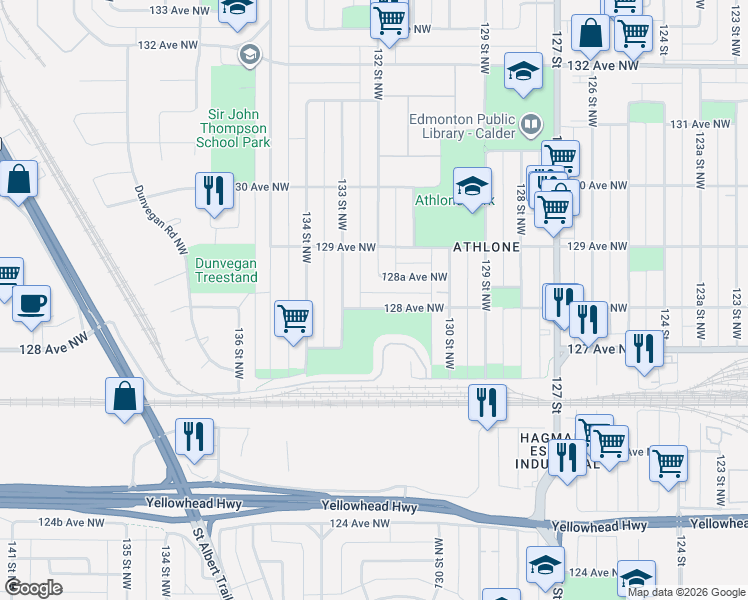 map of restaurants, bars, coffee shops, grocery stores, and more near 13204 128 Avenue Northwest in Edmonton