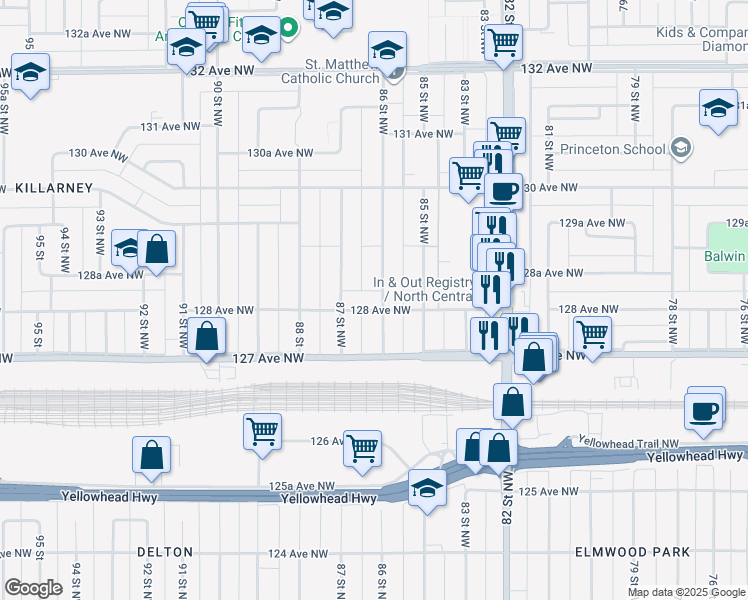 map of restaurants, bars, coffee shops, grocery stores, and more near 8604 128 Avenue Northwest in Edmonton